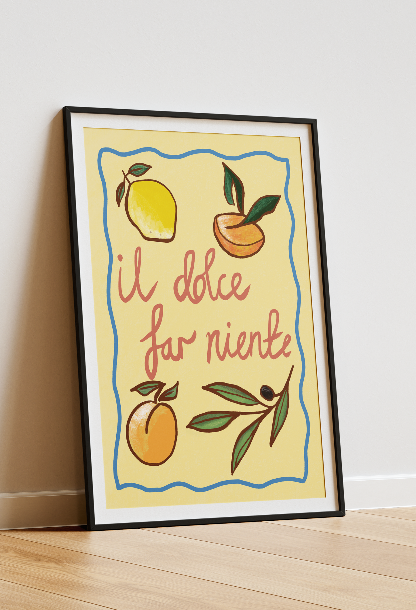 Framed artwork with lemons and peaches on a yellow background, featuring Italian text. Casa Olivia Mediterranean A4 art print