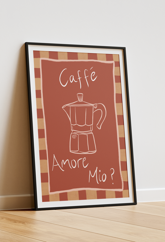 Framed poster with a coffee maker illustration and text on a checkered background
