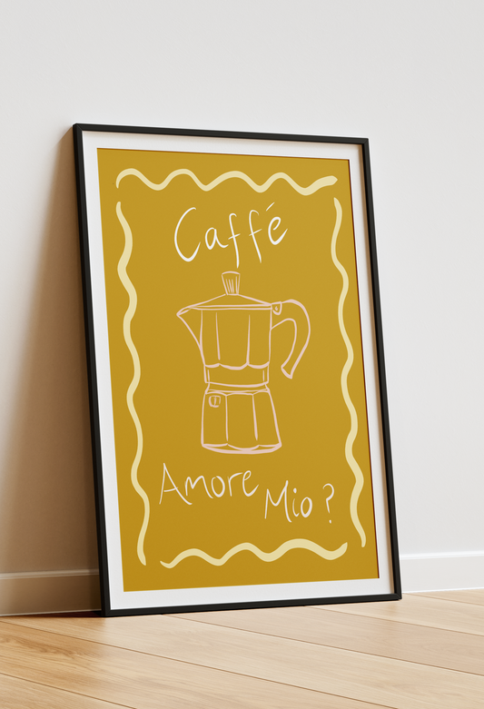 Framed poster with a coffee maker illustration and text on a yellow background. Casa Olivia A4 colourful print