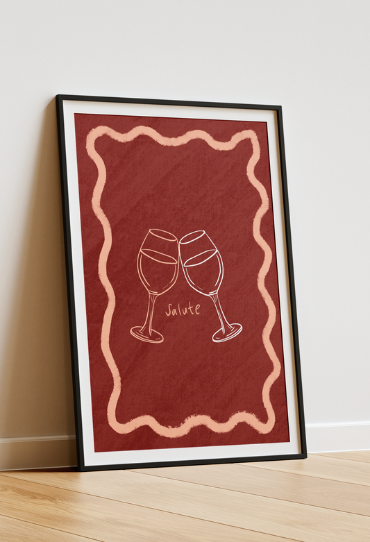 Framed artwork with two wine glasses and 'Salute' text on a red background. Mediterranean inspired A4 Art Print. 
