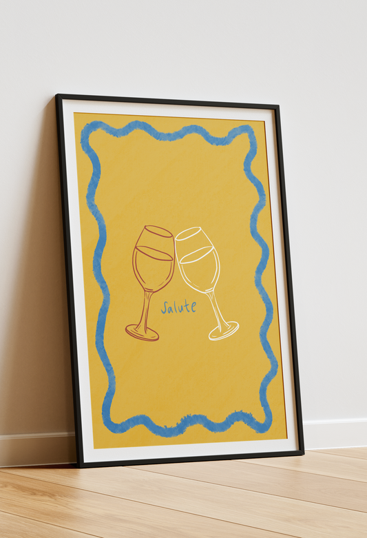 Framed A4 art print with two wine glasses and the word 'Salute' on a yellow background.