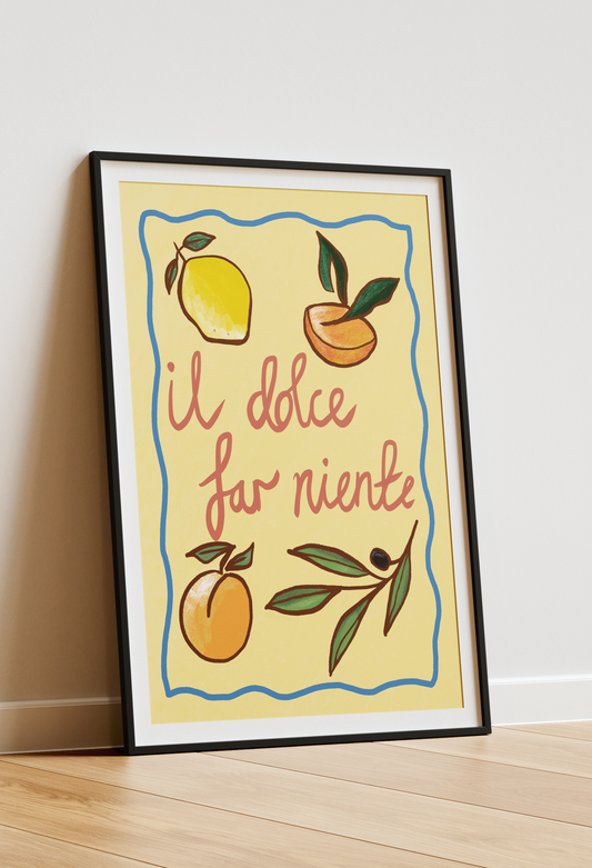 Framed artwork with lemons and peaches on a yellow background, featuring Italian text. Casa Olivia Mediterranean A4 art print